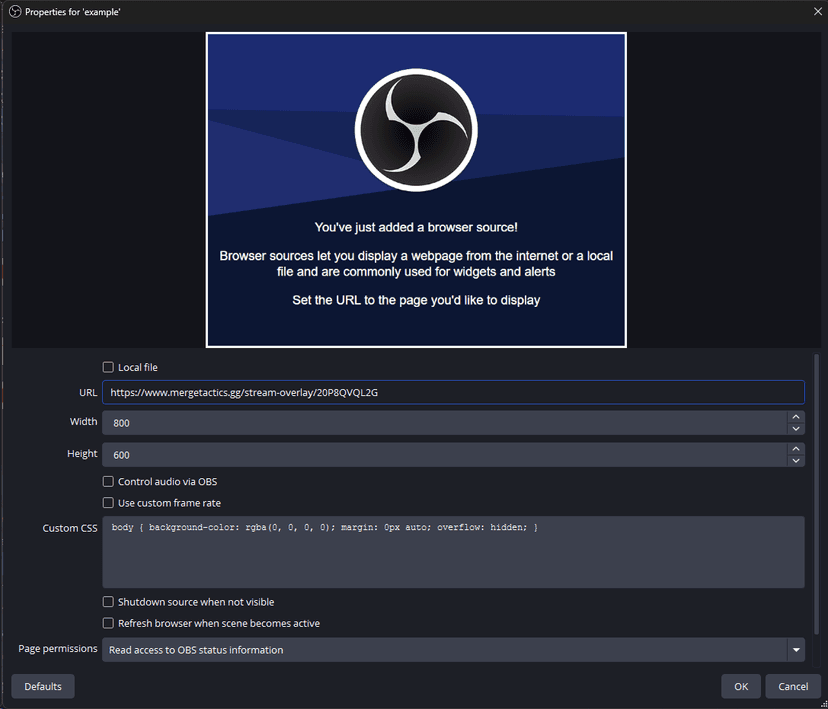 Paste link in Browser Source settings
